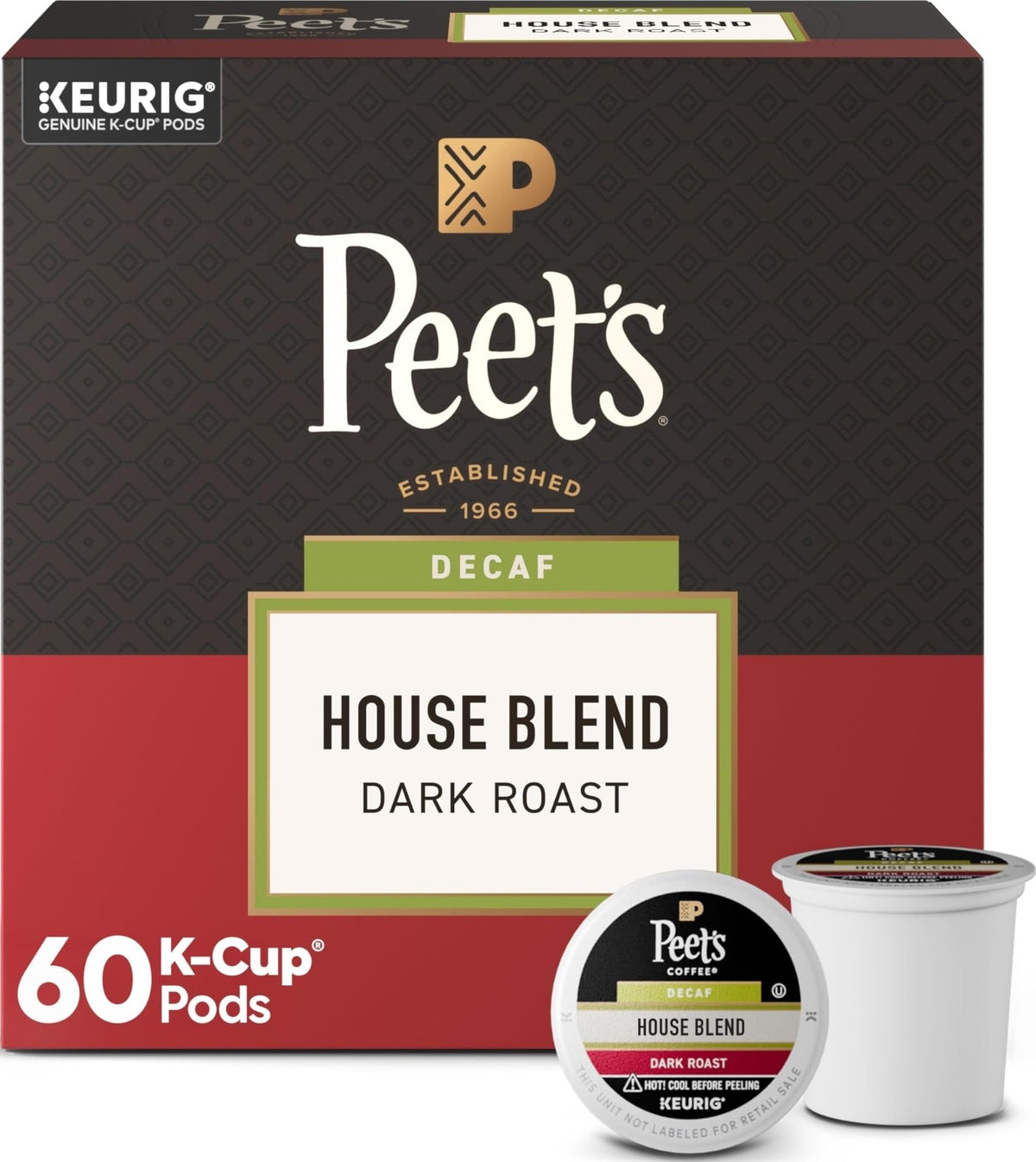 Peet's Coffee Coffee Pods, Dark Roast, Decaf House Blend, 60 K Cups