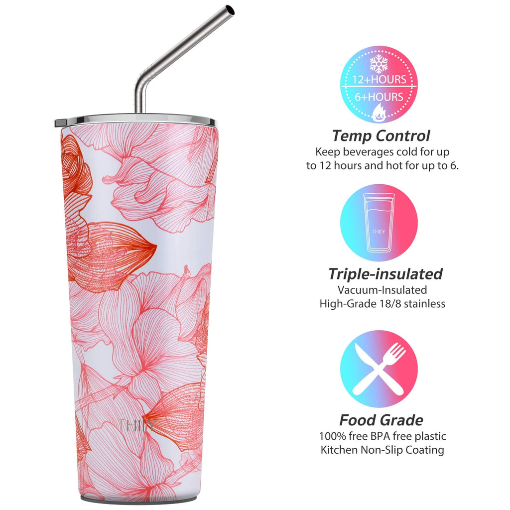 THILY Tumbler Stainless Steel Coffee Cup 26 oz Triple-Insulated Travel Mug with Splash-Proof Lid, Reusable, BPA Free, for Iced Water and Hot Beverage Smoothies Cup, Red Lotus