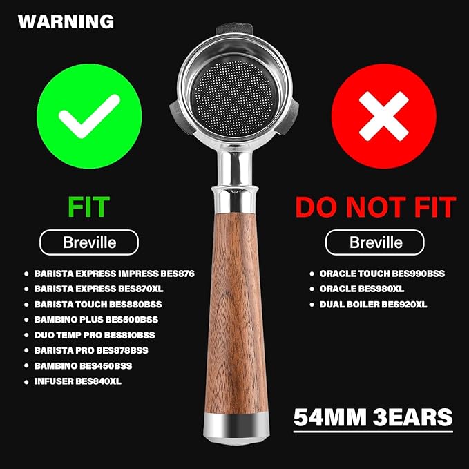 CrossCreek 54mm Espresso Double Spouts Portafilter with 3 Ear | Fits 54mm Breville/Sage Barista Espresso Machine | Stainless Steel Basket and Walnut Handle | Espresso Accessories