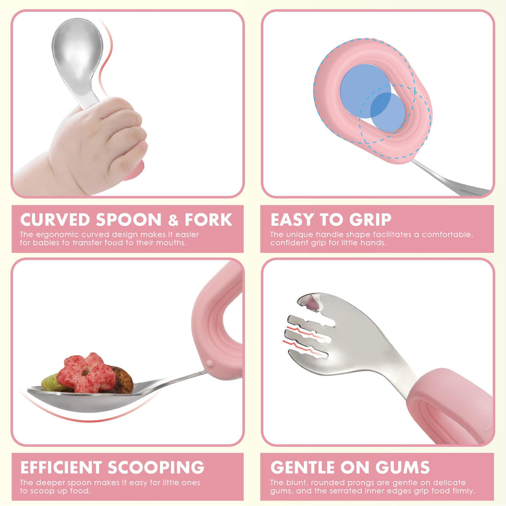 MR. CHOU Baby Suction Bowl Set with Spoon & Fork, Double-Layer 18/8 Stainless Steel Toddler Bowls with BPA Free Airtight Lid, Food Grade Infant Self-Feeding Bowl, First Stage Led Weaning Supplies Pink