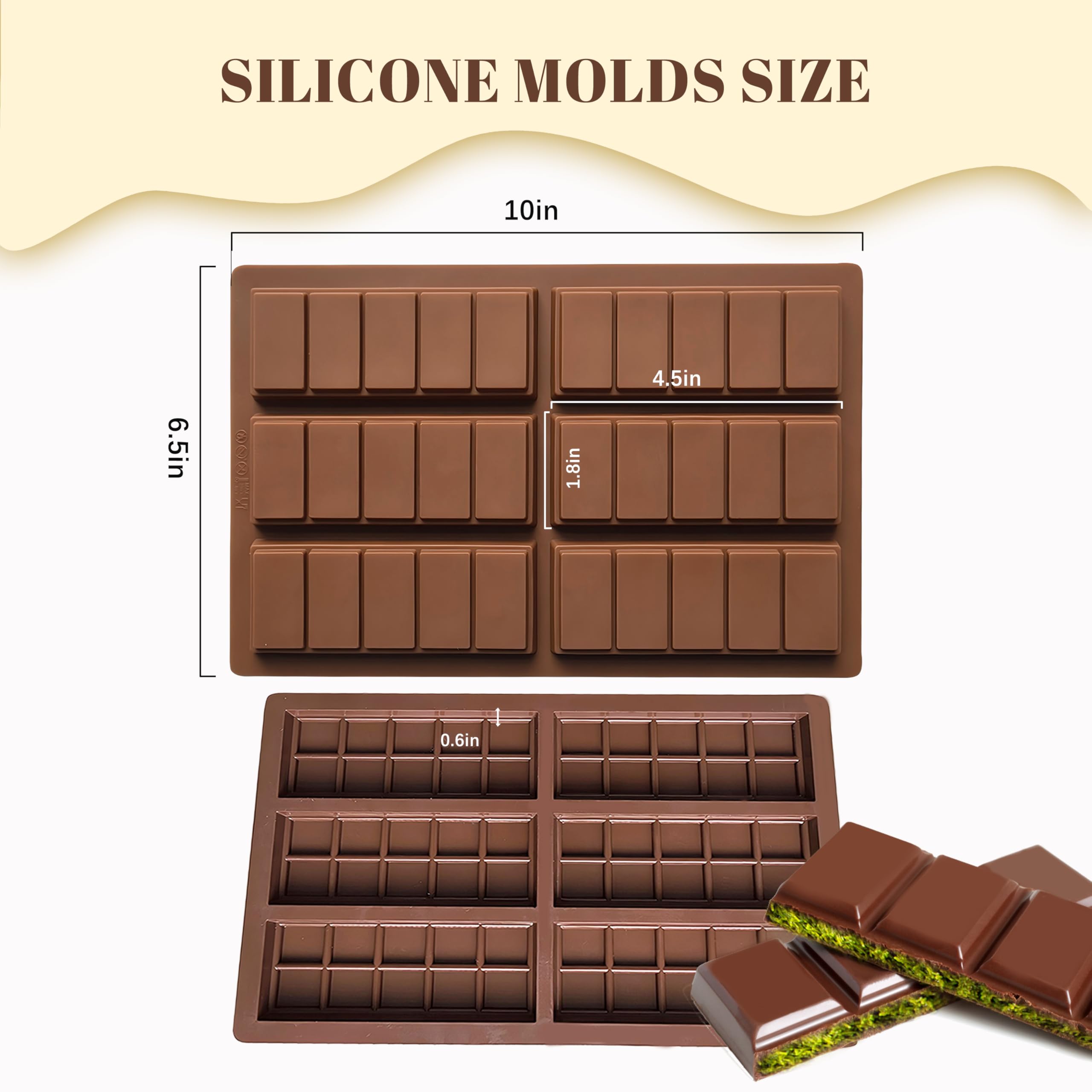 Zivcaer 2 Pack Chocolate Bar Mold Deep for Stuffed Bar, Non-Stick Thick Chocolate Molds, Silicone Chocolate Candy Molds for Knafeh Pistachio Chocolate Bar, Candy, DIY Handmade Gifts (5 Snap+10 Snap)