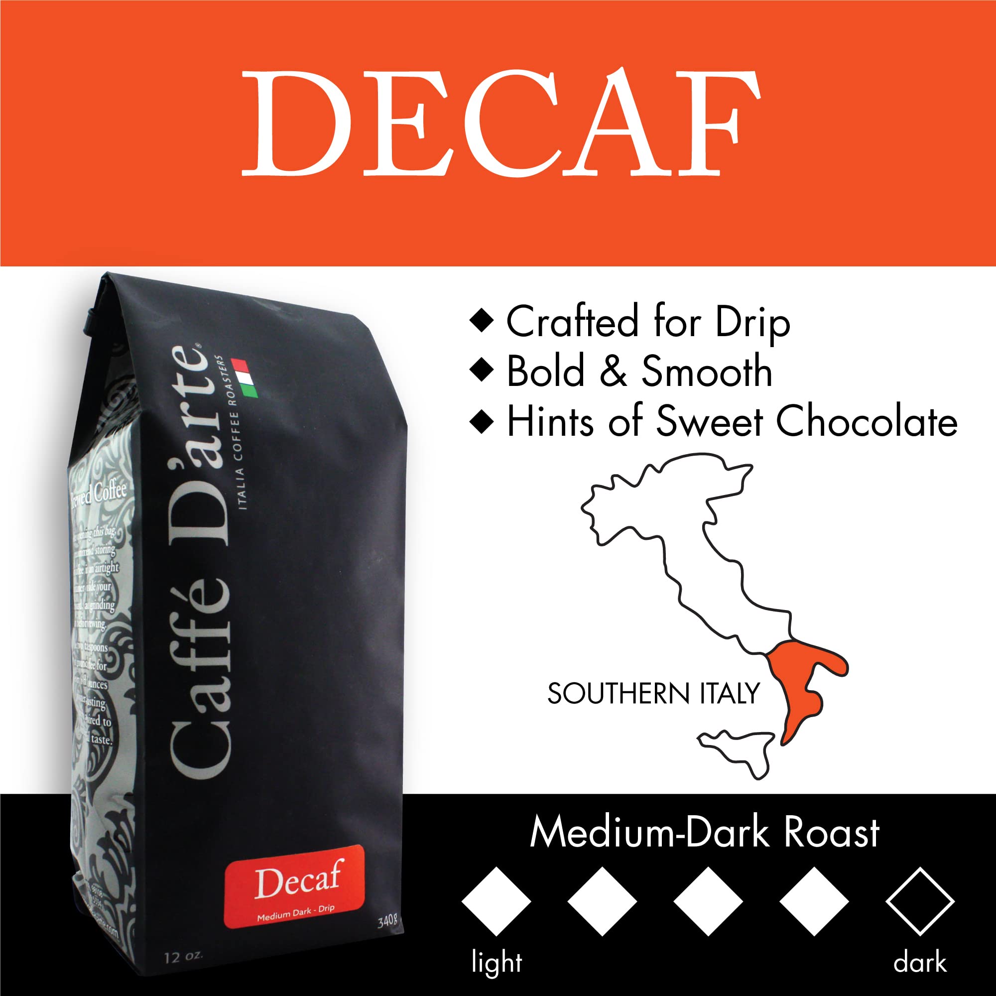 Caffe D'arte Decaf Whole Bean Coffee, Medium Roast, 12 oz
