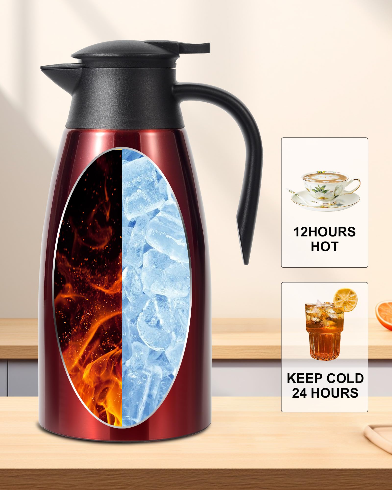 70oz Thermal Coffee Carafe, Updated Insulated Stainless Steel Coffee Carafes for Keeping Hot Coffee & Tea Hot Beverage-12Hours, Double Walled Vacuum Coffee Carafe