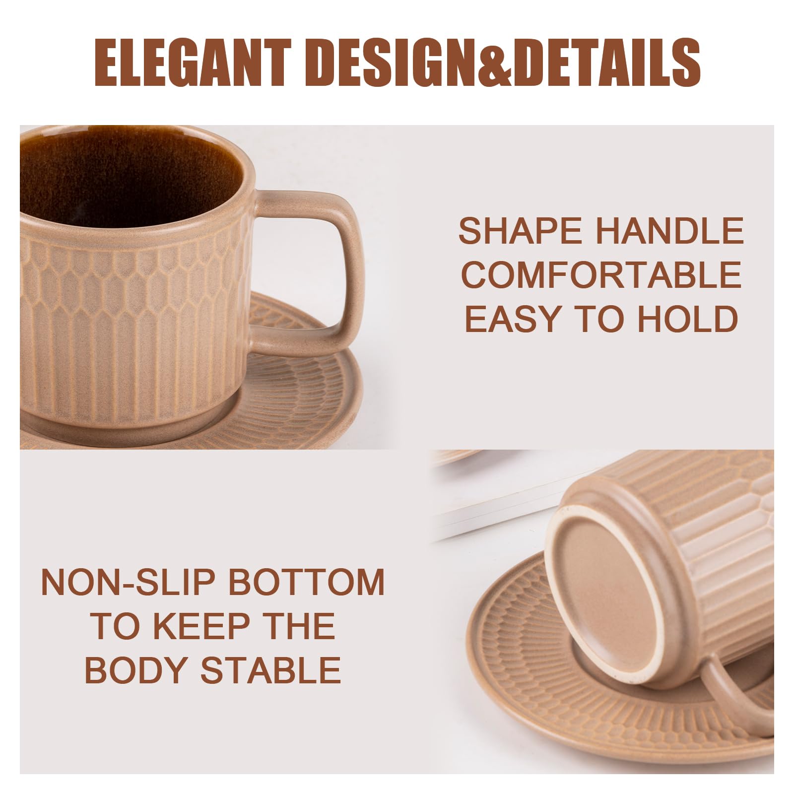 WHITEPEONY 8oz Cappuccino Cups with Saucers Set of 4, 8 Ounce Stackable Embossed Ceramic Coffee Mugs for Specialty Coffee Drinks, Latte Mugs, Cafe Mocha and Tea, Dishwasher & Microwave Safe (Brown)