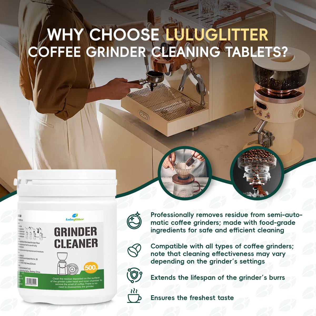 Professional Coffee Grinder Cleaning Tablets 500g Natural Food Safe