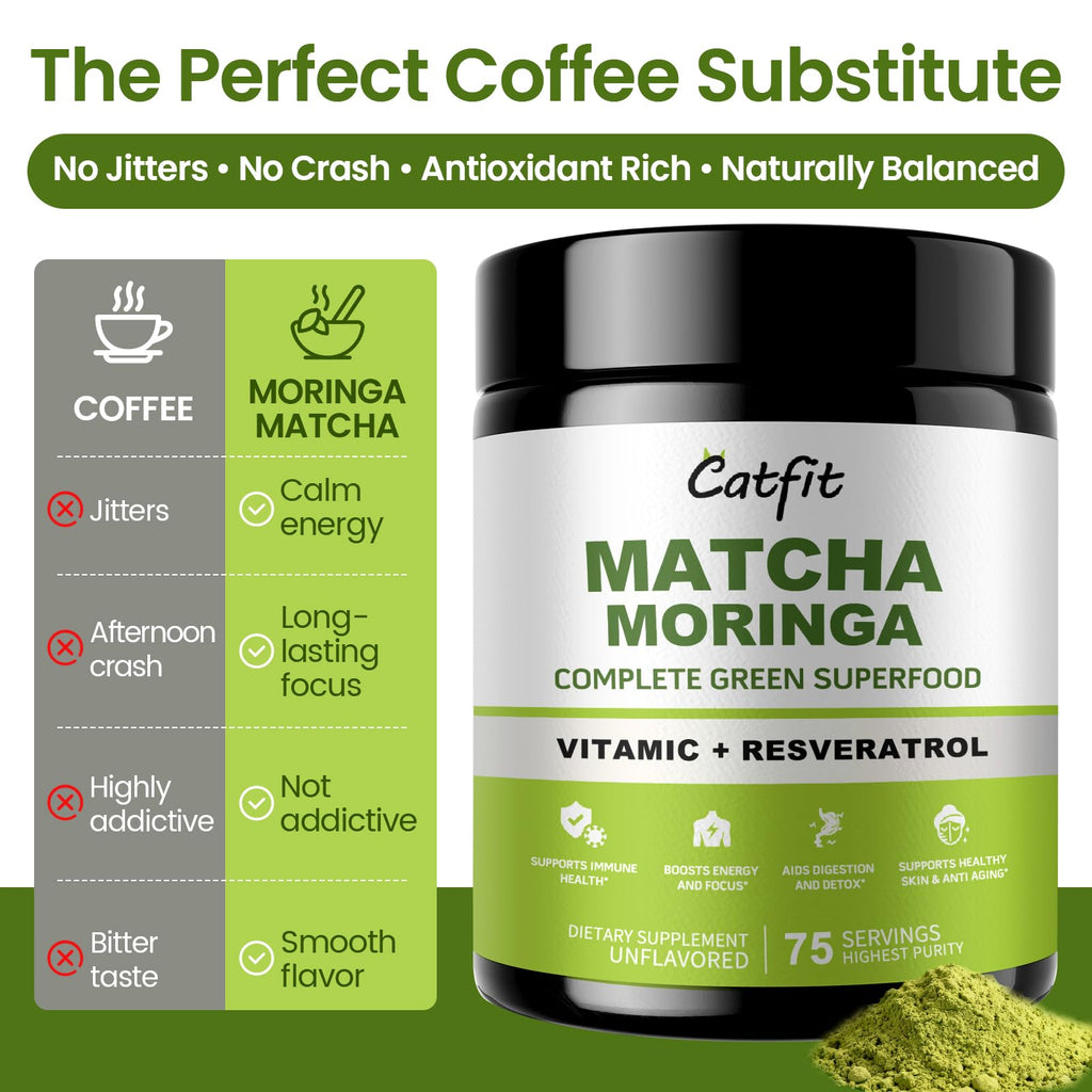 Matcha Powder – Superfood Blend with Moringa & Green Tea & Resveratrol, Energy & Focus Support, Immune & Antioxidant Defense, Vegan, Gluten-Free, 8oz