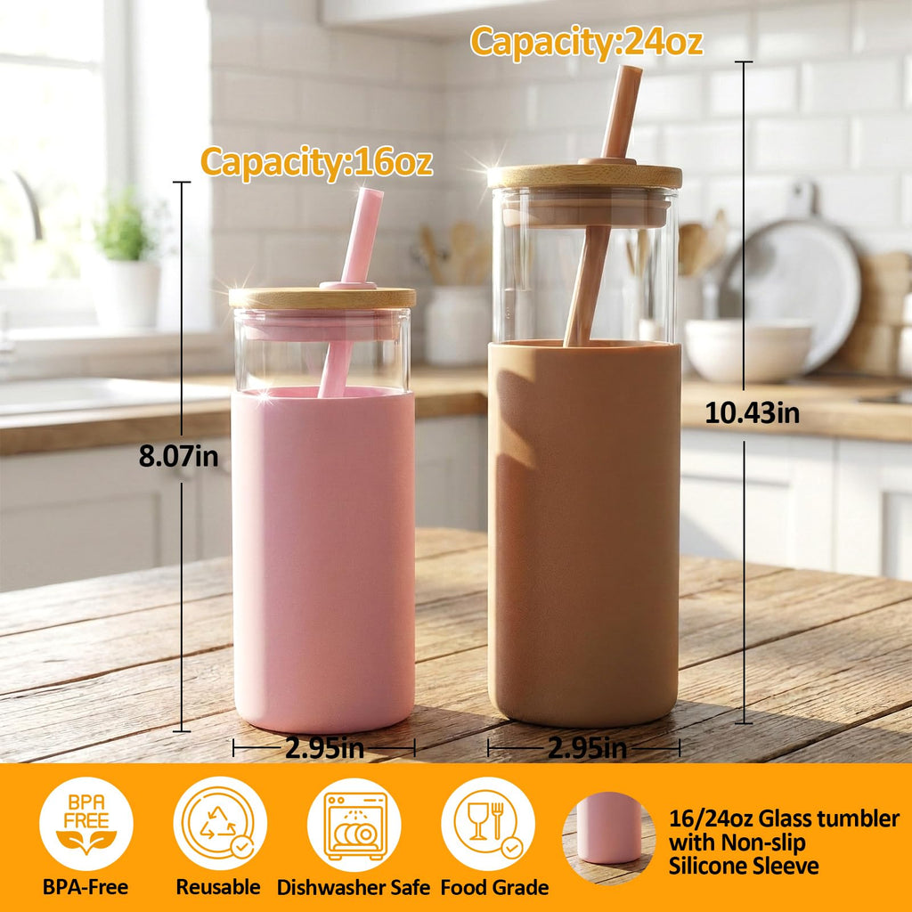 Tronco 24 oz Glass Tumbler with Lids and Straws, Reusable Iced Coffee Cups
