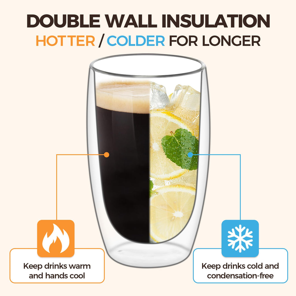 ComSaf 15oz Double Wall Glass Coffee Mugs, Insulated Latte Cups Set of 2, for Coffee, Espresso, Tea, Milk, Clear Cappuccino Cups Set Glassware Gift for Christmas Birthday
