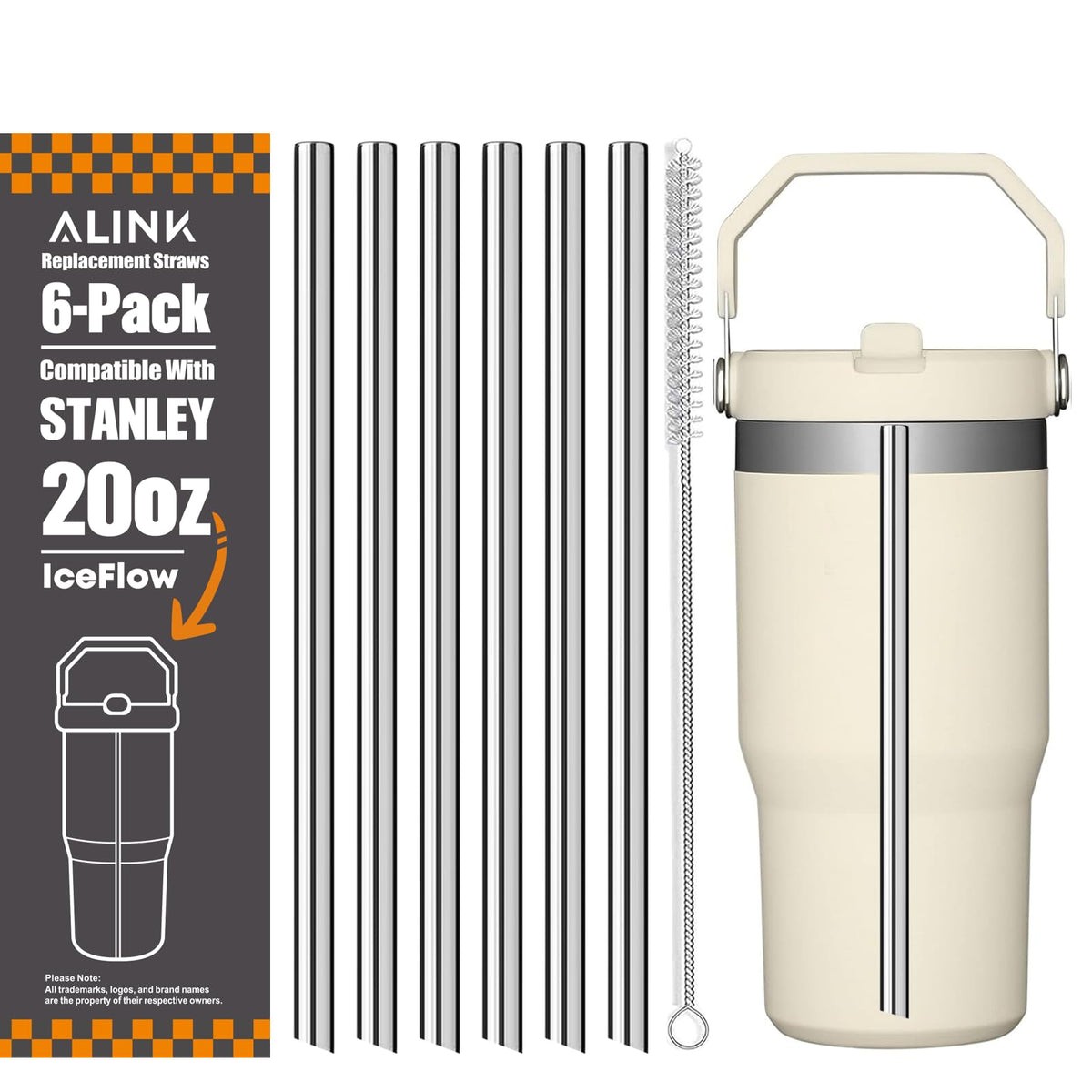 ALINK Stainless Steel Straws Compatible with Stanley Iceflow 20oz Flip Tumbler, 6 Pack Reusable Metal Straws for Stanley Ice Flow 20oz Cup Lid Only, Plus Straw Cleaner Brush