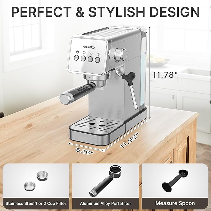 Espresso Machine with Steam Milk Frother,20 Bar Stainless Steel Coffee Maker for Latte & Cappuccino,Detachable Water Tank/Drip Tray, Hot Water Function for Home & Office Use