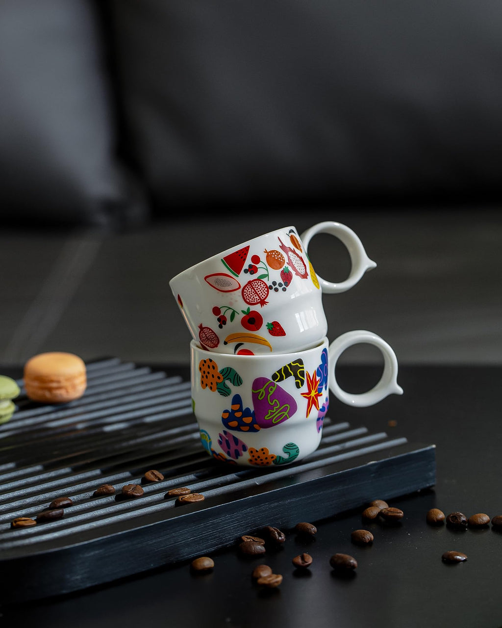 BOILMERIT Ceramic Espresso Cups Set of 2 – Mini 3 oz Double Espresso Coffee Cups Small Espresso Shot Cups with Cute Q Handle, Gift for Coffee Lovers, Floral and fruit Patterns-White