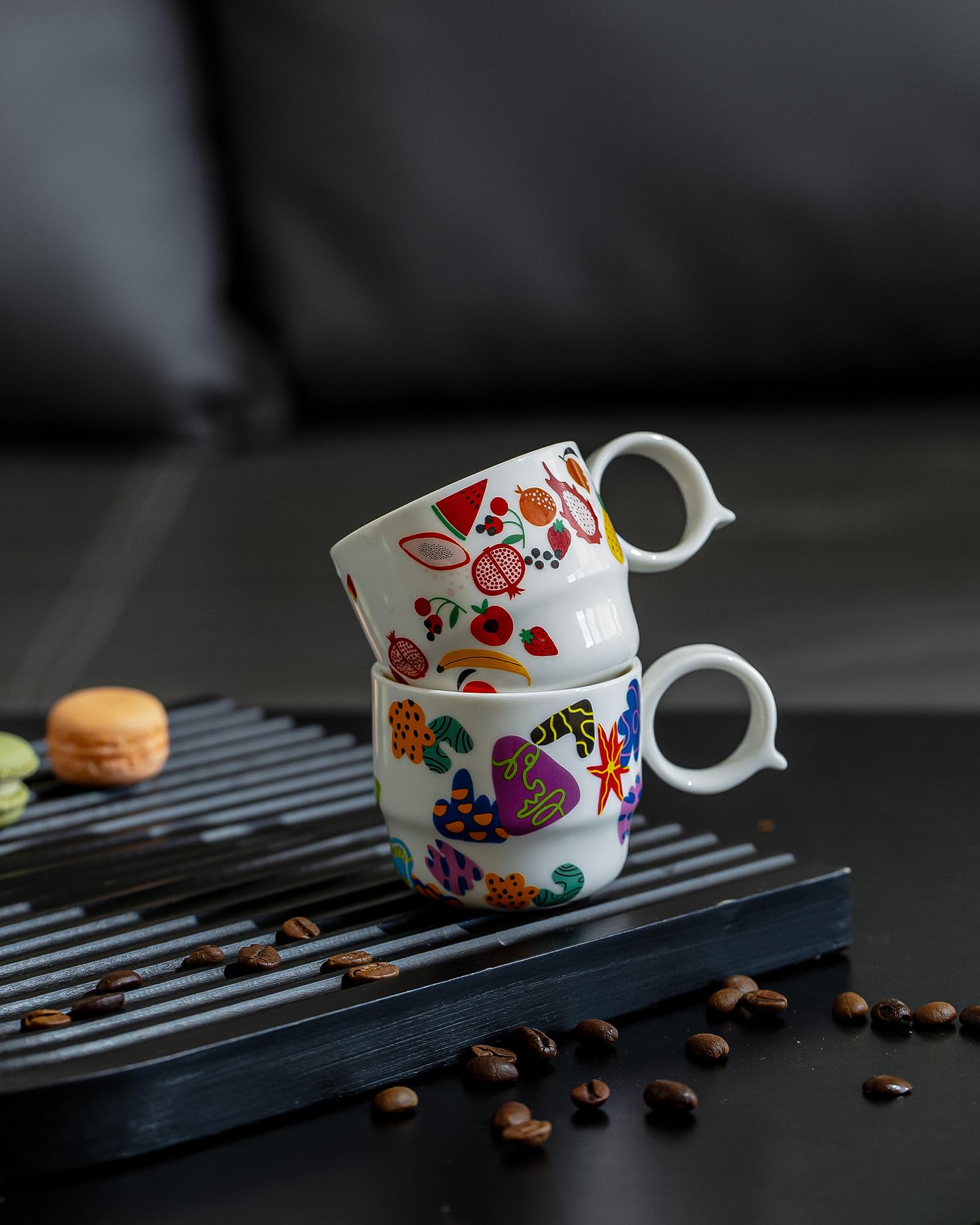 BOILMERIT Ceramic Espresso Cups Set of 2 – Mini 3 oz Double Espresso Coffee Cups Small Espresso Shot Cups with Cute Q Handle, Gift for Coffee Lovers, Floral and fruit Patterns-White