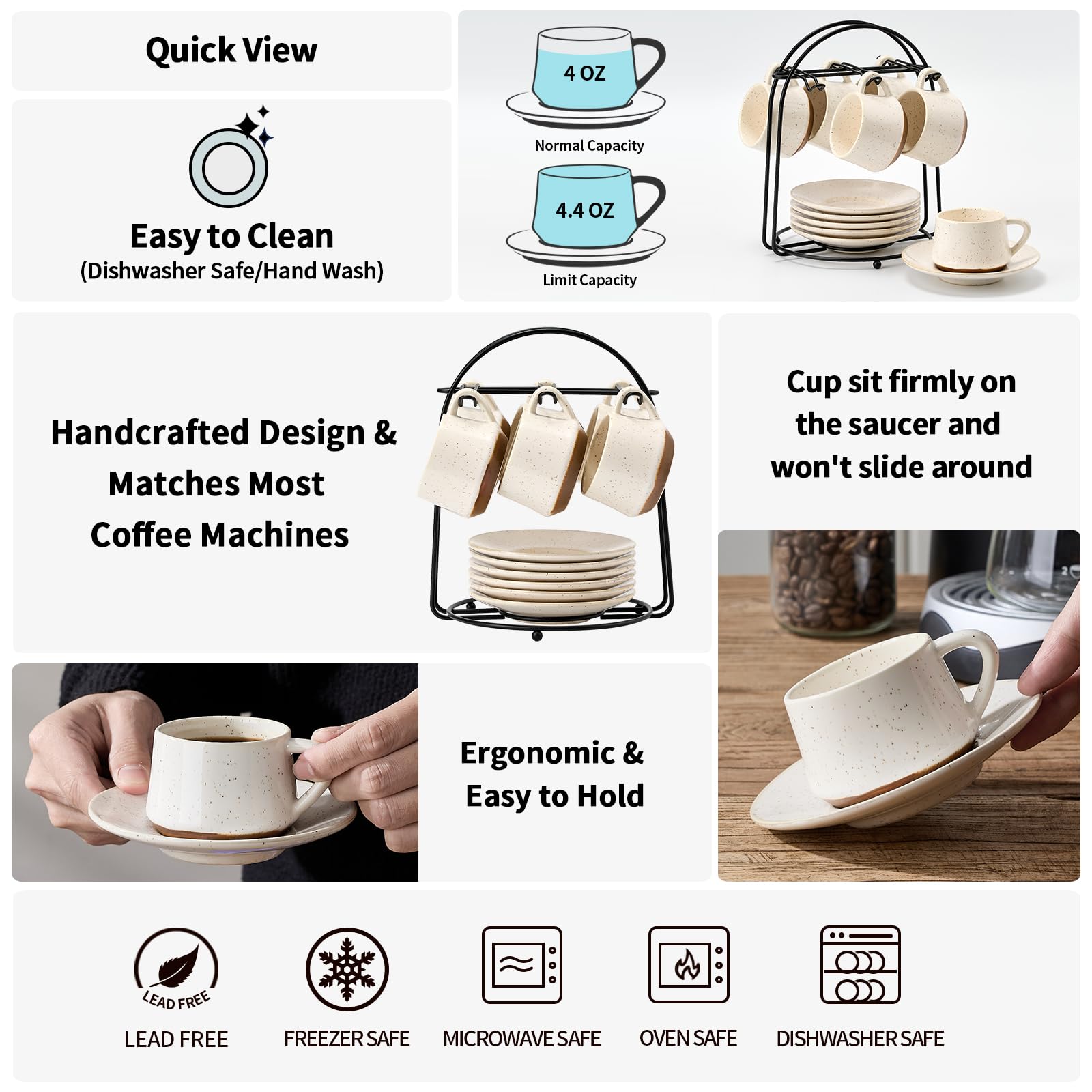 Stackable Cappuccino Cup Set of 6 [4oz]Activated-Glazed Ceramic Coffee Cup