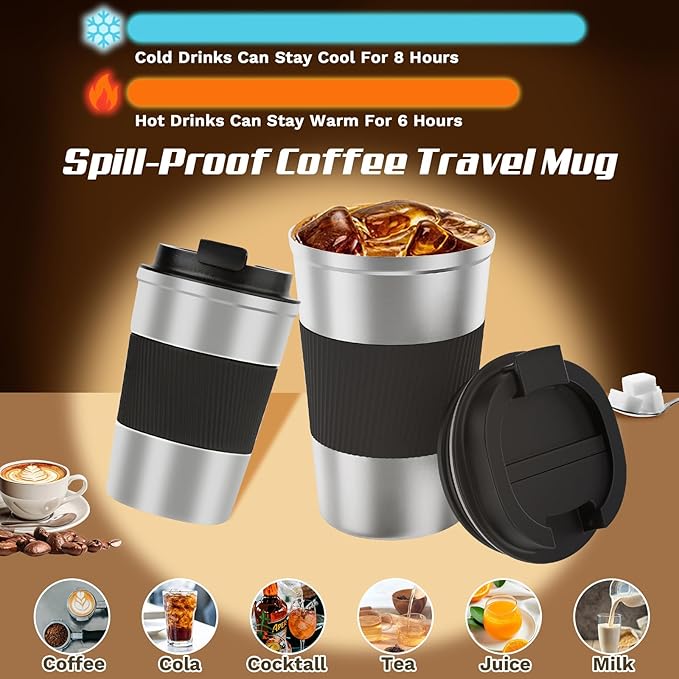 Vacuum-Insulated Stainless Steel Travel Coffee Mug, Leak-Proof Reusable Coffee Cup with Lid - Keep Hot & Cold Drinks for Hours, Durable Thermos Tumbler for Men & Women (3rd-Silver black, 12OZ)