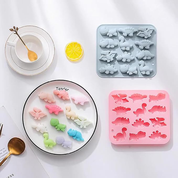 Dinosaur Silicone Molds, 12-Cavity Different Shape Dinosaur Chocolate Molds for Make Chocolate, Candy, Jelly, Ice Cube, Dog Treats, Resin Crafts (Set of 2 PCS)