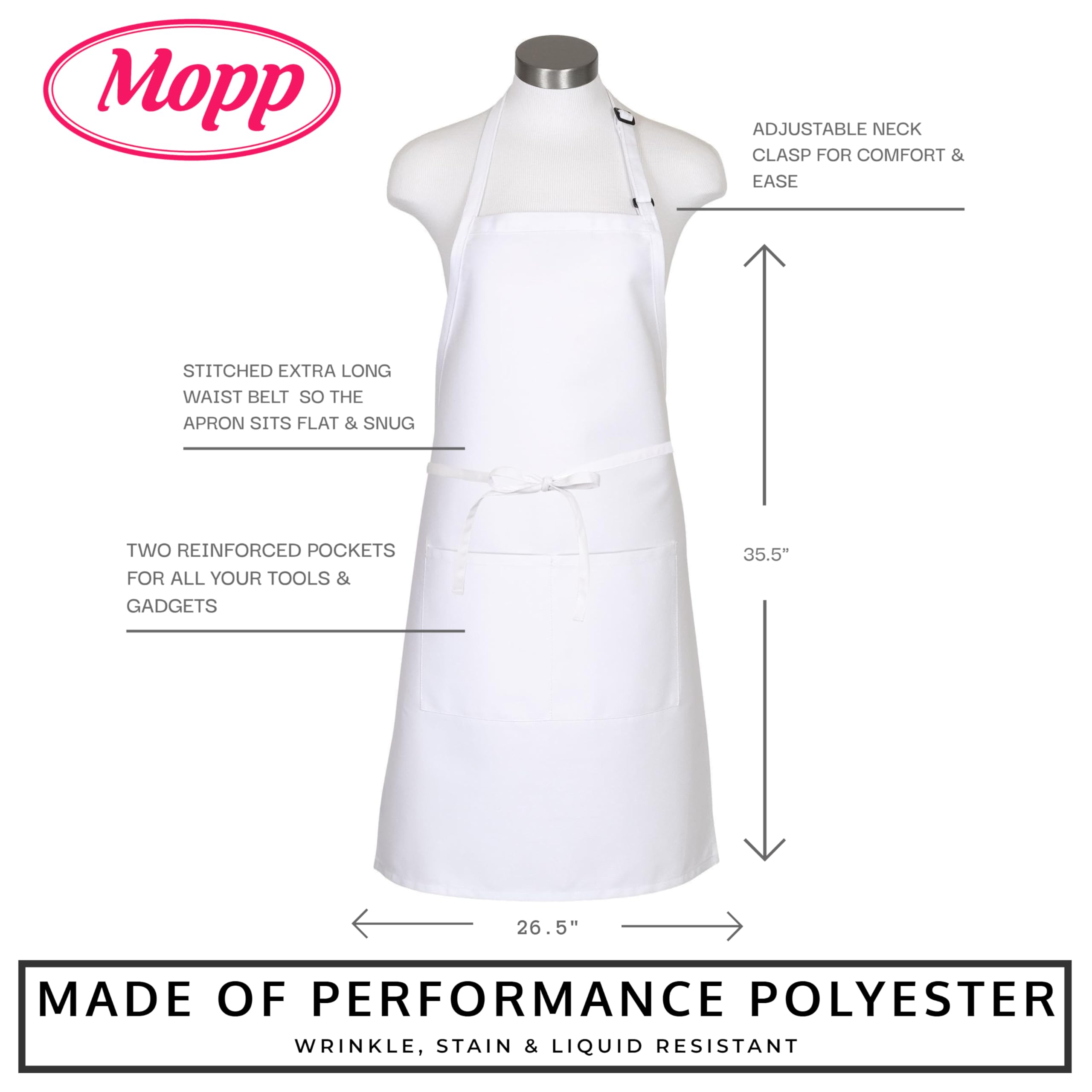 Pomp White 2 Pack Premium Bib Aprons | Adjustable Neck + 2 Pockets | Water + Oil Resistance | Kitchen Cooking Aprons For Men & Women