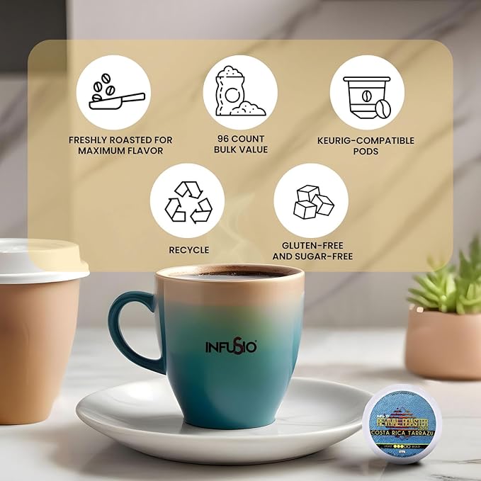 InfuSio Coffee Pods – Revival Roaster Collection - 96 Count, Single Serve Coffee Pods for Keurig K Cup® Brewers, Compatible with Keurig 2.0 Brewers Costa Rica Tarrazu (Medium Roast Coffee)