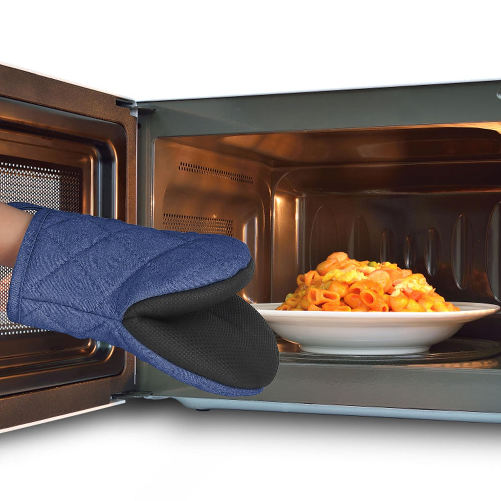 Short Oven Mitts, Heat Resistant 500°F, Silicone Grip Kitchen Gloves, Non-Slip for Baking, Grilling, BBQ, Machine Washable with Hanging Loop, 2-Pack Set, Denim Blue