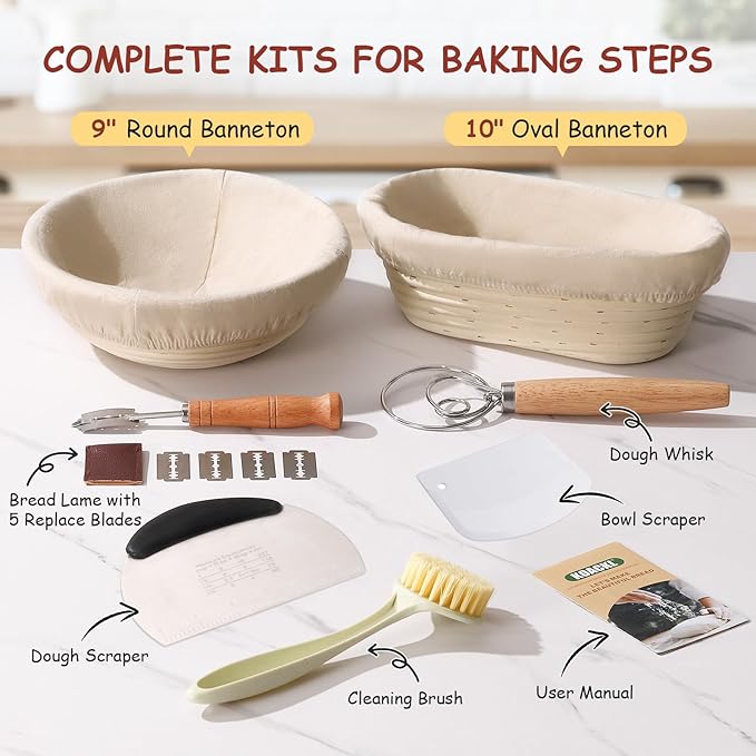 Sourdough Starter Kit, 9" Round & 10" Oval Banneton Proofing Bread Baskets Set, Sourdough Bread Baking Supplies for Beginner and Professional Bakers