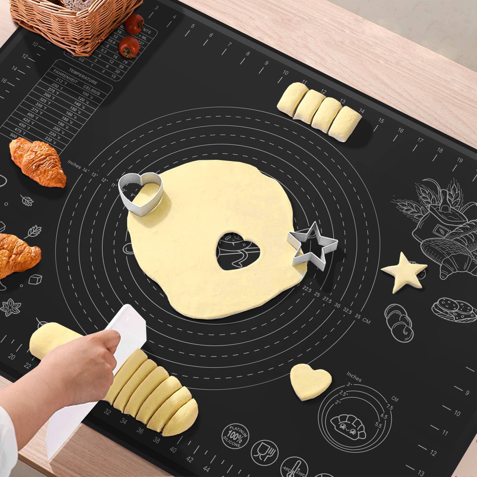 Silicone Baking Mat 28" x 20" Extra Thickness Dough Rolling Mat with Measurements and Edge Heightening, Non-stick Food Grade Silicone Pastry Mat for Pastry, Bread, Cookies, Pizza, Fondant, Pasta-Black