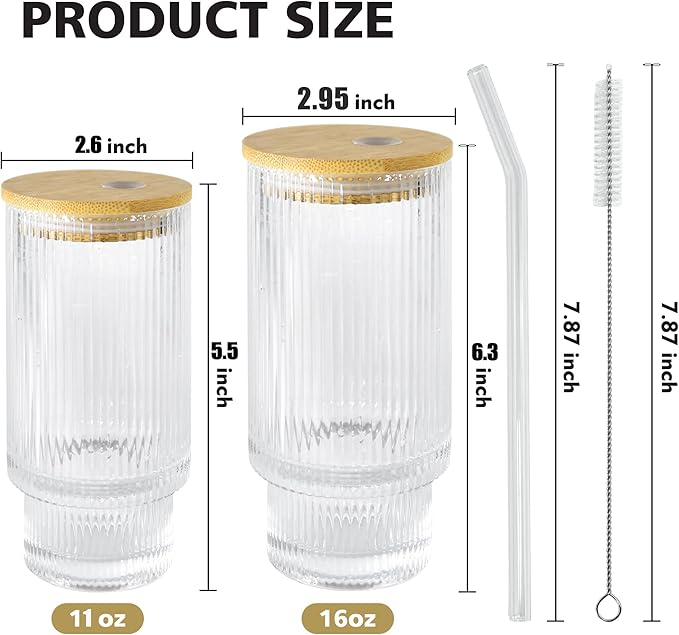 4 Pcs 11 oz Drinking Glasses Cups Set with Bamboo Lids Straws Brush Small Glassware Set for Mojito Iced Coffee Cocktail Whiskey(4 Mixed Pattern)