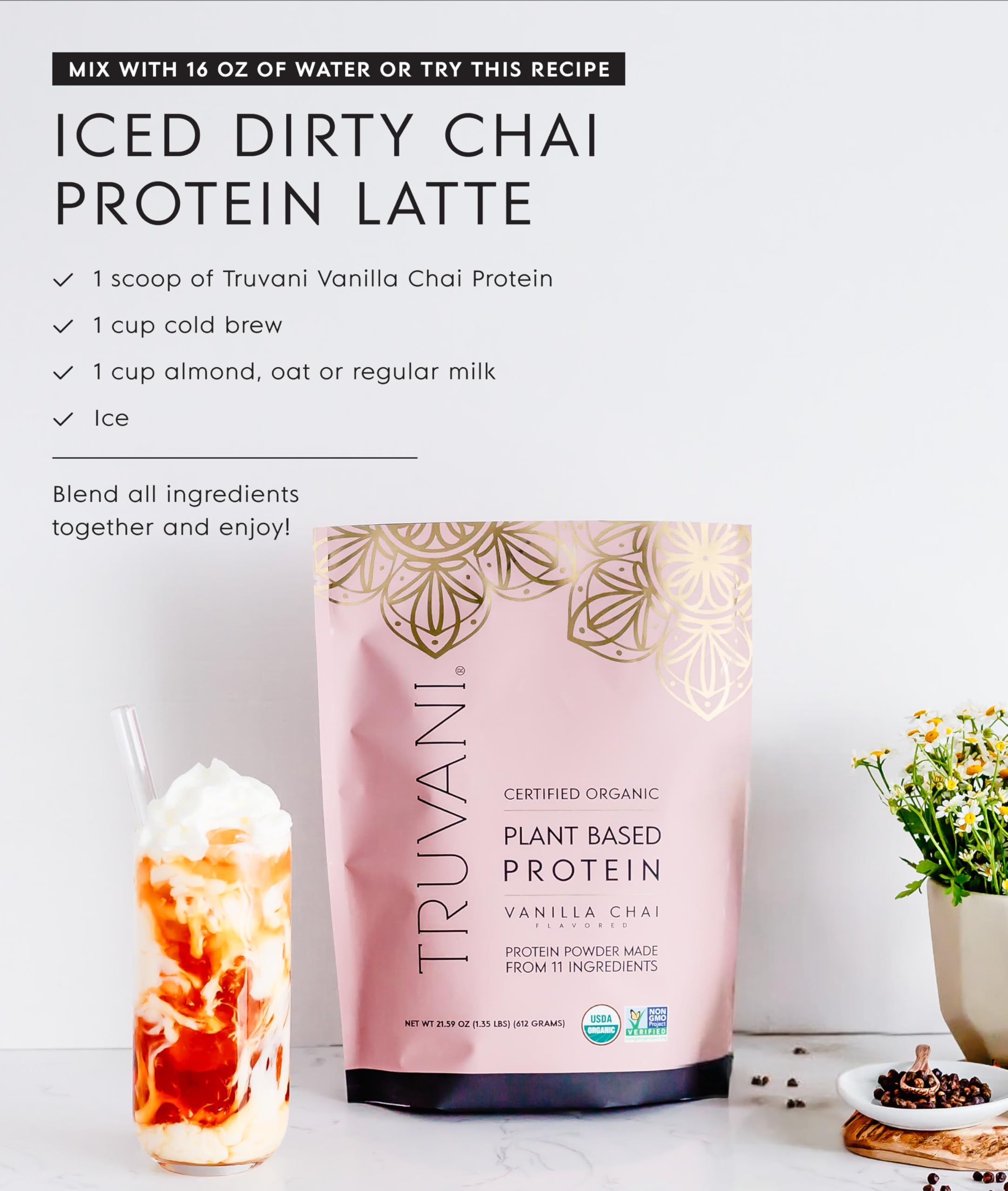 Truvani Organic Plant Based Protein Powder | Vanilla Chai | 10 Servings