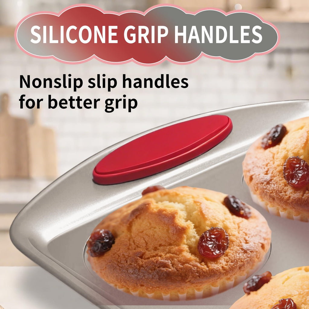 Shinsin 24 Cup Mini Cupcake Pan with Silicone Handles, Non-Stick Mini Muffin Pan, Baking Molds for Mini Cupcakes, Muffins, Quiches, Carbon Steel Mini Baking Pan, Dishwasher Safe (2 Pack)