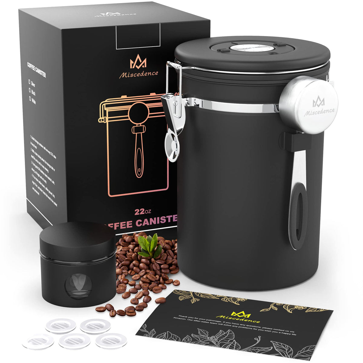 Miscedence Coffee canister set for ground coffee with Date Tracker Travel Coffee jar,Stainless Steel Kitchen Food Airtight storage container for Coffee Beans or Grounds,Tea,Sugar (22oz-Black)