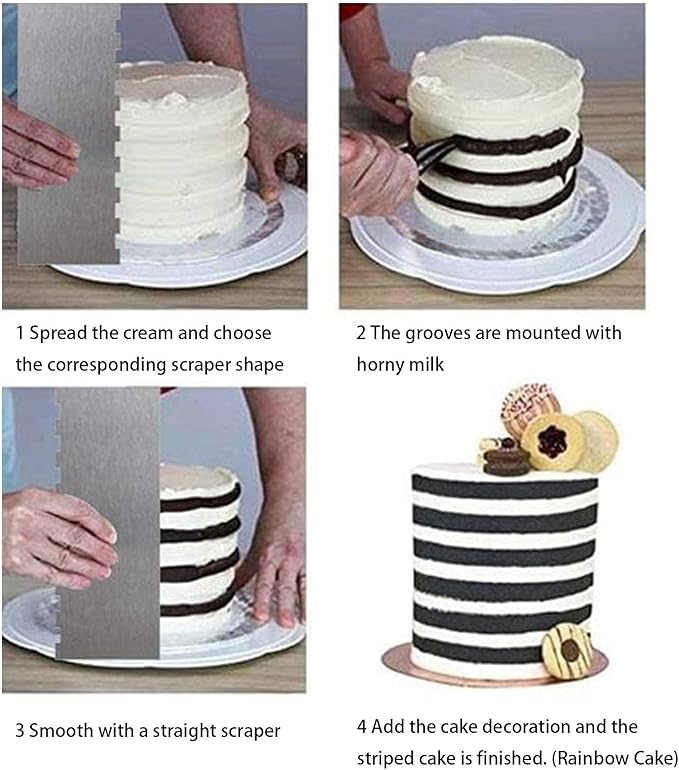 2 Pieces 8.7 Inche Stainless Steel Cake Scraper，Double Sided Patterned Edge Stripe Edge Smoother Scraper Cake Decorating，Cake Decorating Comb Cake Scraper (2, 2)