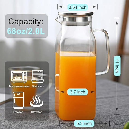 1.8-Liter Heat-Resistant Glass Pitcher with Lid,Approximately 62Ounces Suitable for Refrigerator,with Handle.Can be Used for Parties and Family Dinners,Used for Tea,Coffee,Lemonade,Juice,Etc