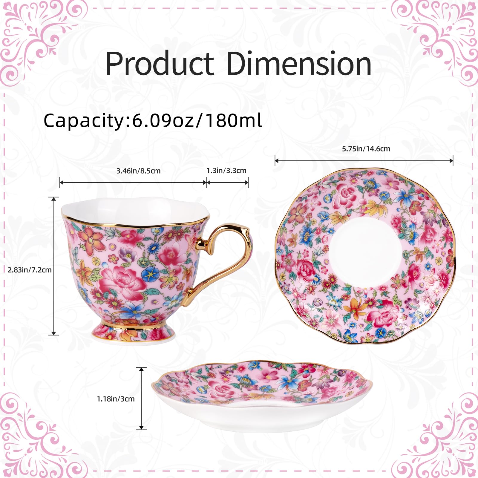 KAMMAK Tea Cup and Saucer, Ceramic Coffee Cups, 6.3 oz, Set of 2