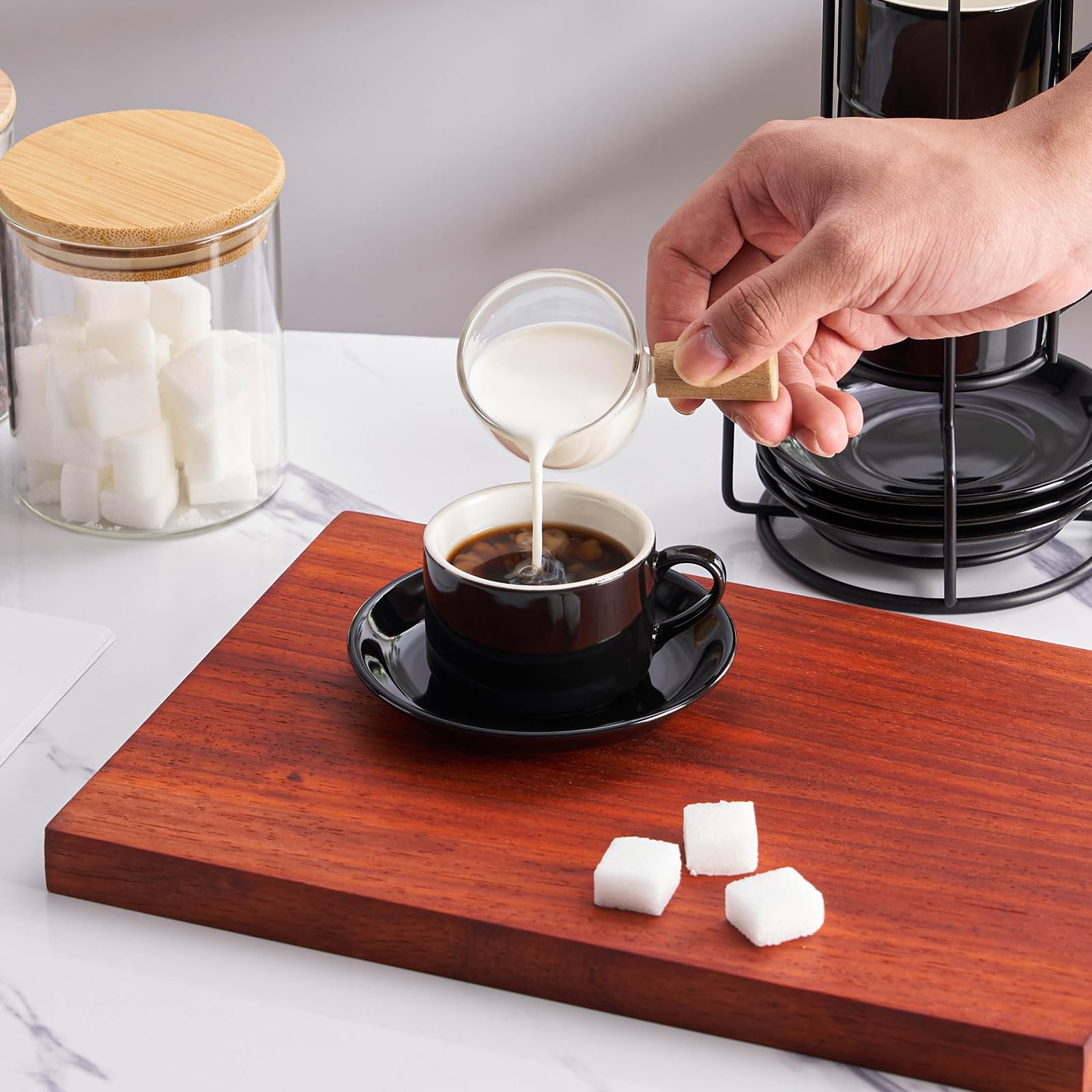 Meichu Cappuccino Cups Set of 4, 8oz Stackable Coffee Cups Set with Saucers and Metal Stand, Black Coffee Mugs and Saucers for Cappuccino, Latte, Americano and Tea