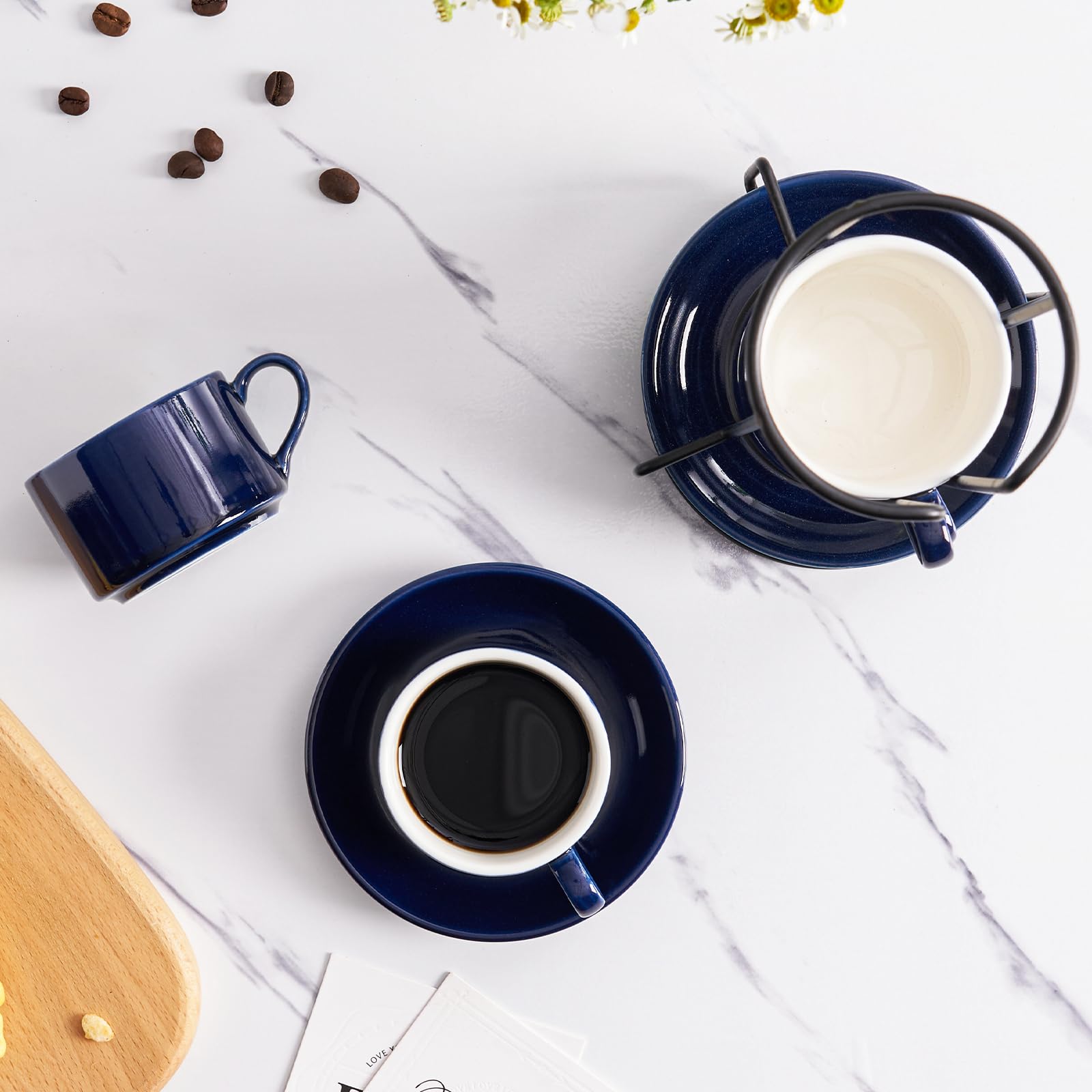 Meichu Cappuccino Cups Set of 4, 8oz Stackable Coffee Cups Set with Saucers and Metal Stand, Blue Coffee Mugs and Saucers for Cappuccino, Latte, Americano and Tea