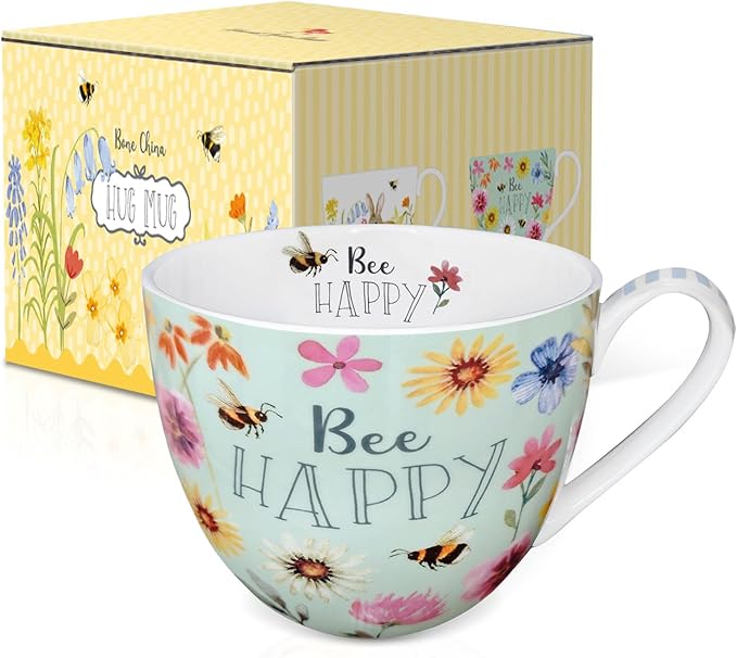 20 oz Bees & Flowers Coffee Hug Mug,“Be Happy” Designed to Spread Joy, Premium Bone China, Perfect Holiday and Birthday Gift for Women, Designed in England by Harvest Green Studio