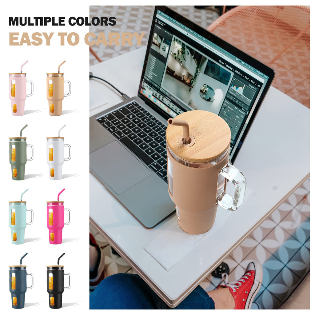 Kodrine 40 oz Glass Tumbler with Handle, Iced Coffee Tumbler with Straw and Bamboo Lid, Glass Drinking Cup with Silicone Sleeve Time Marker, Water Bottle Dishwasher Safe, Cup Holder Friendly, Amber