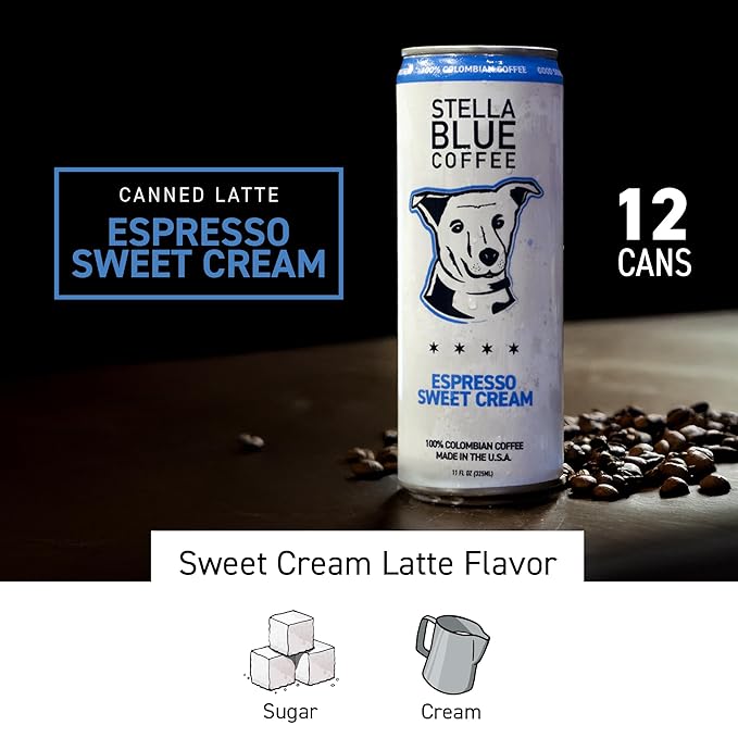 Stella Blue Espresso Sweet Cream Latte, 100% Colombian Coffee, 190mg Natural Caffeine, Good Source of Protein, Ready-to-Drink Coffee Energy Beverage, 11oz Can, 12 Pack