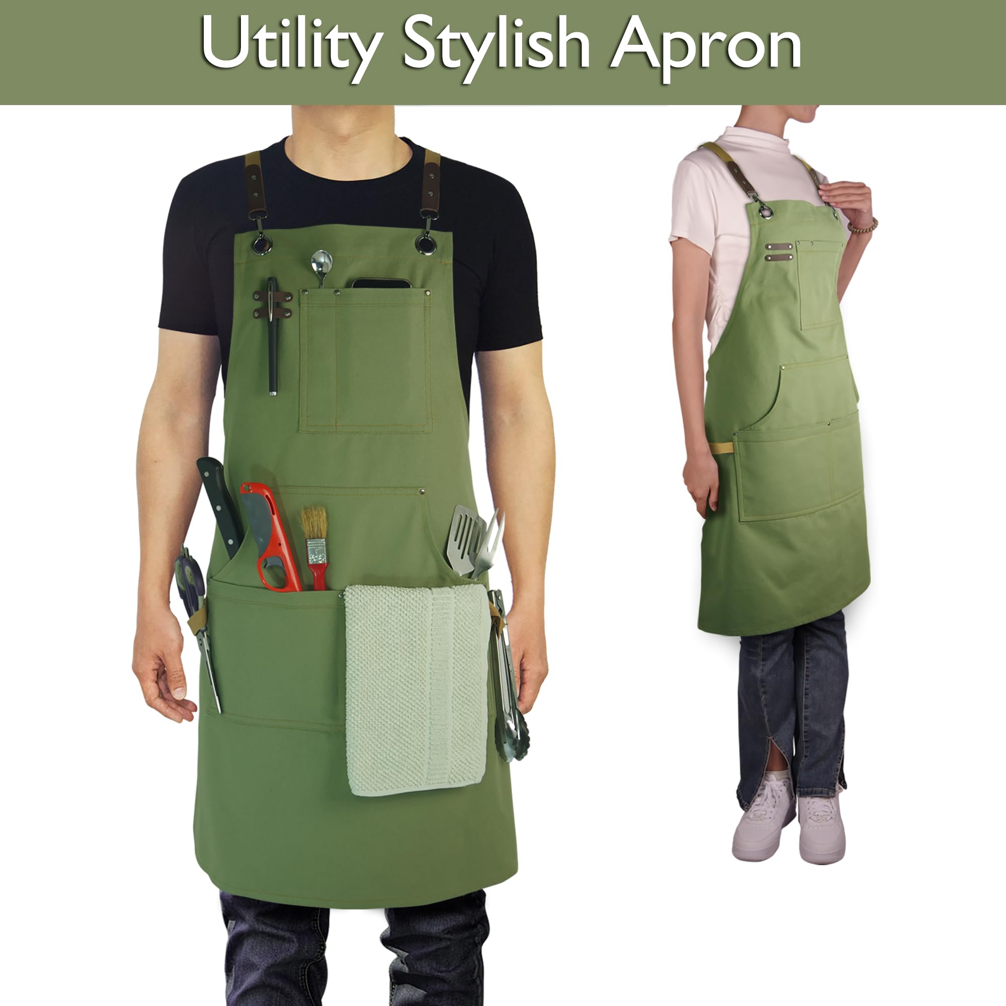 Stenffy Kitchen Apron, Work Apron, Canvas Apron, Olive
