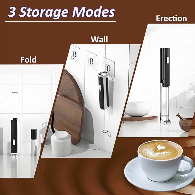 Electric Milk Frother Handheld & Stand, Rechargeable with Detachable Whisk - Fast Foam Maker for Latte, Cappuccino, Hot Chocolate, Egg – Black