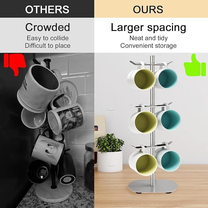 Mug Holder Tree, Coffee Cup Holder with 6 Hooks, Coffee Mug Rack, Metal Mug Tree for Counter, Mug Holder Stand Coffee Mug Hanger(Brushed Nickel)