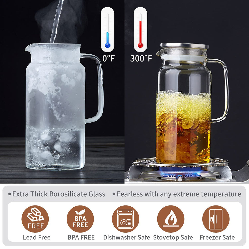 42OZ Glass Pitcher with Lid and Spout, Water Jug, 1250ml Carafe for Hot/Cold Water, Juice and Homemade Beverage, Large Iced Tea Pitcher for Coffee
