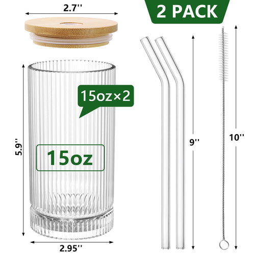 15 Oz Glass Cups with Lid and Straw, Iced Coffee Cups with Lid, Vintage Glassware for Whiskey Cocktail Beer (2 PACK)