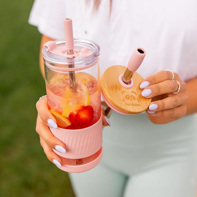 Pandaloo® Glass Cups With Lids and Straws -20 Fl Oz- Perfect Size Iced Coffee Cup - Smoothie Cup With Bamboo Lid and On the go Lid - Glass Tumbler (2 Count (Pack of 1), Amber Sand-Black Saphir)