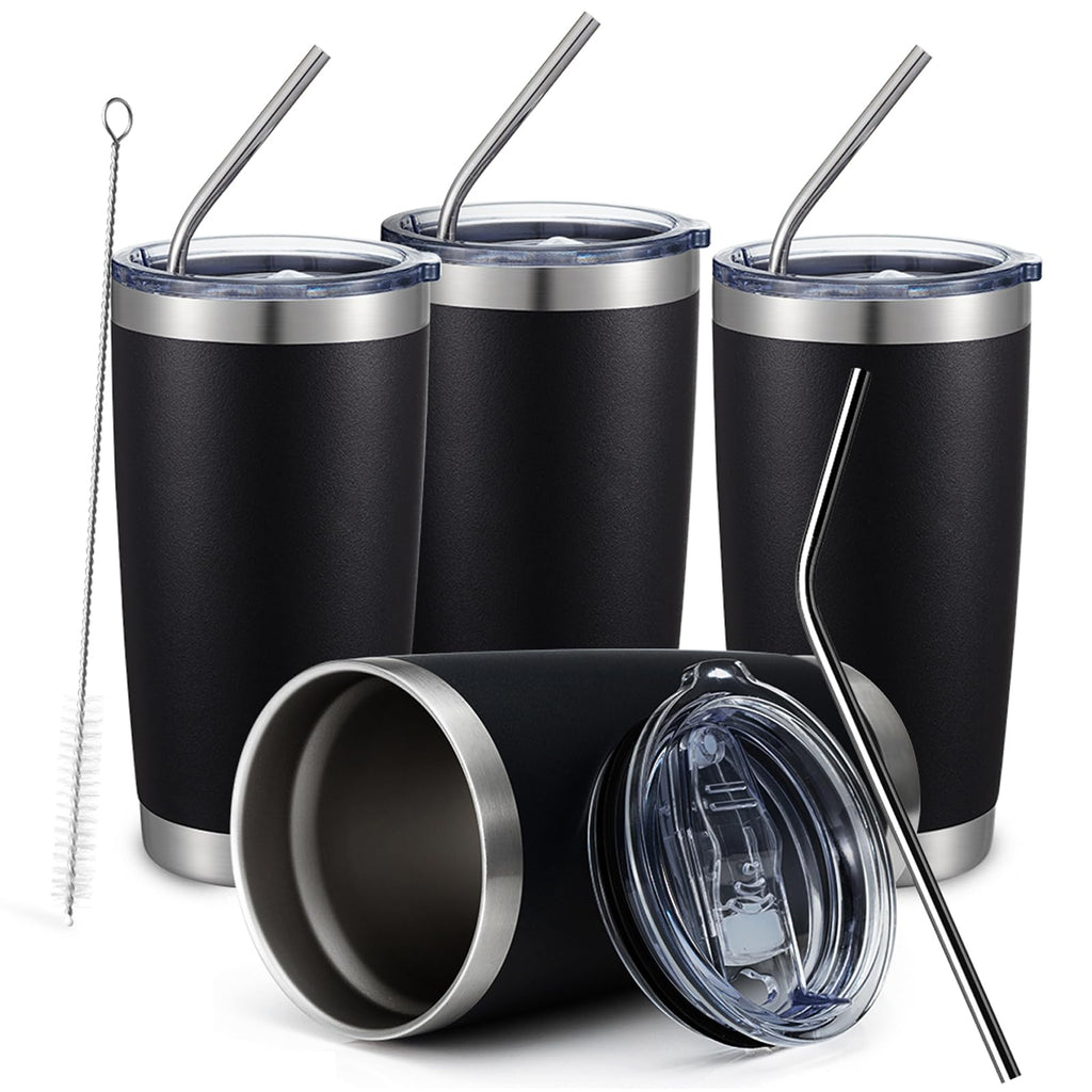 COMOOO 20oz Black Tumbler 4 Pack Stainless Steel Insulated Travel Mug with Lid and Straw Vacuum Double Wall Coffee Cup for Hot Beverage and Cold Drinks(Black, 4 Pack)