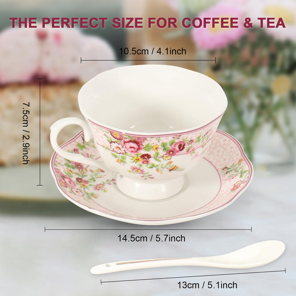 SWEDOU Cup and Saucer Sets of 6 with Spoon, 8oz Ceramic Tea Cups Saucers Set Porcelain New Bone China Floral Vintage Coffee Cup & Saucer Sets -Microwave Dishwasher Safe (Pink)