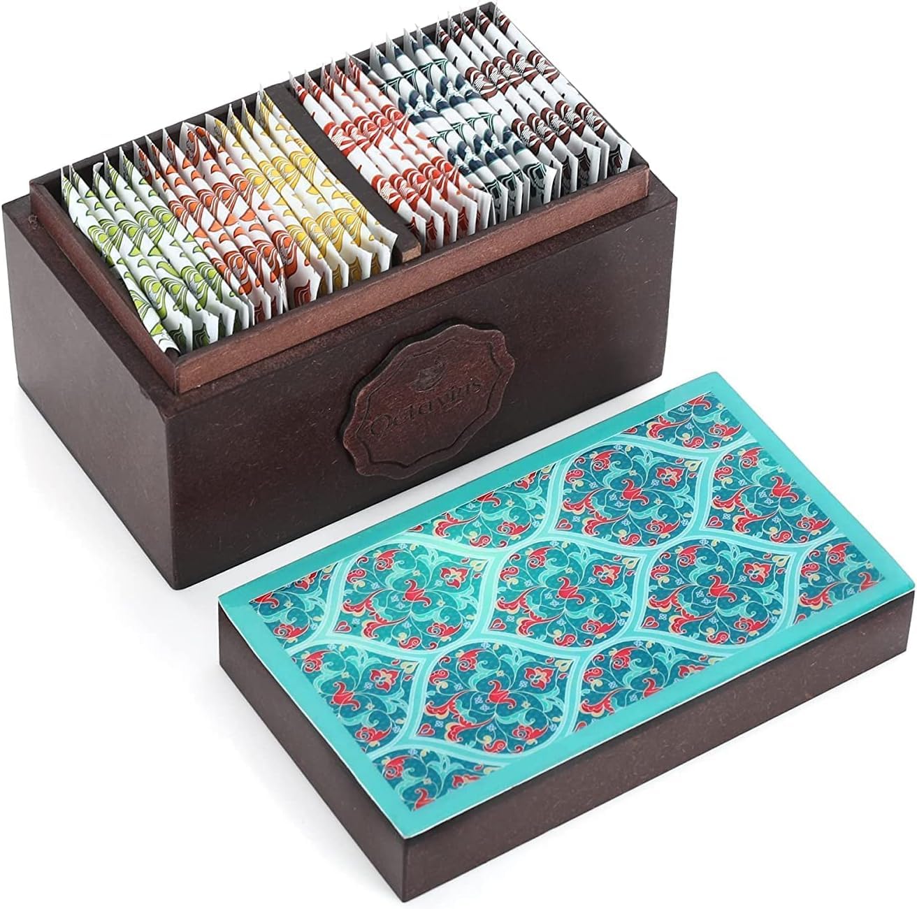 Octavius Assorted Tea Gift Set | 6 Assorted Black & Green Teas | 30 Teabags | Wooden Tea Sampler Pack w/Ornate Floral Design | Pack of 2