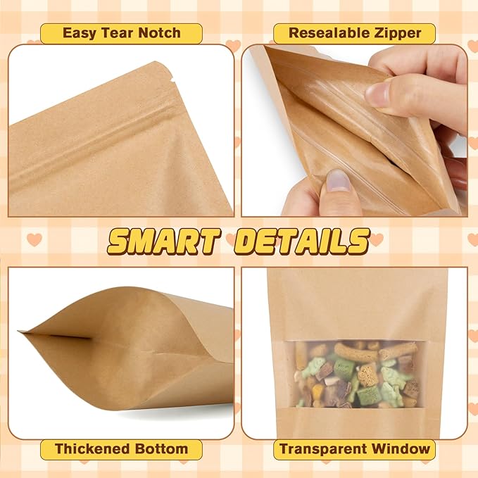 50 Pack Smell Proof Bag, Stand Up Zip Lock Bags, Cookie Bags with Seal, Resealable Pouches, Packing Bags for Cheese, Herbs, Coffee, Spice, Nuts, Soap, Bath Salts, Party Favors, Tea