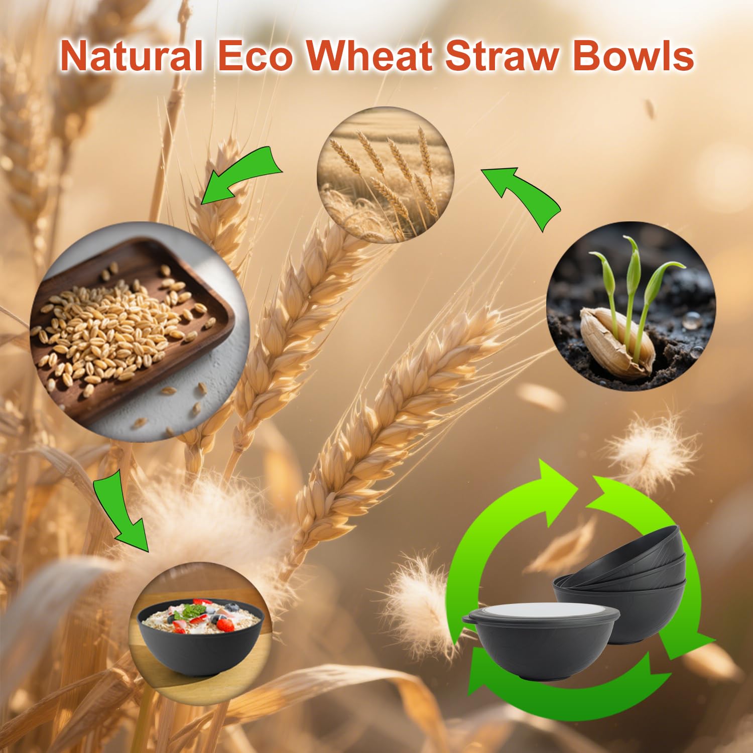 Wrova 40oz wheat straw bowls set of 4,unbreakable ramen bowl set with cover,alternative plastic bowls with cover for kitchen,party,camping and picnic. Black