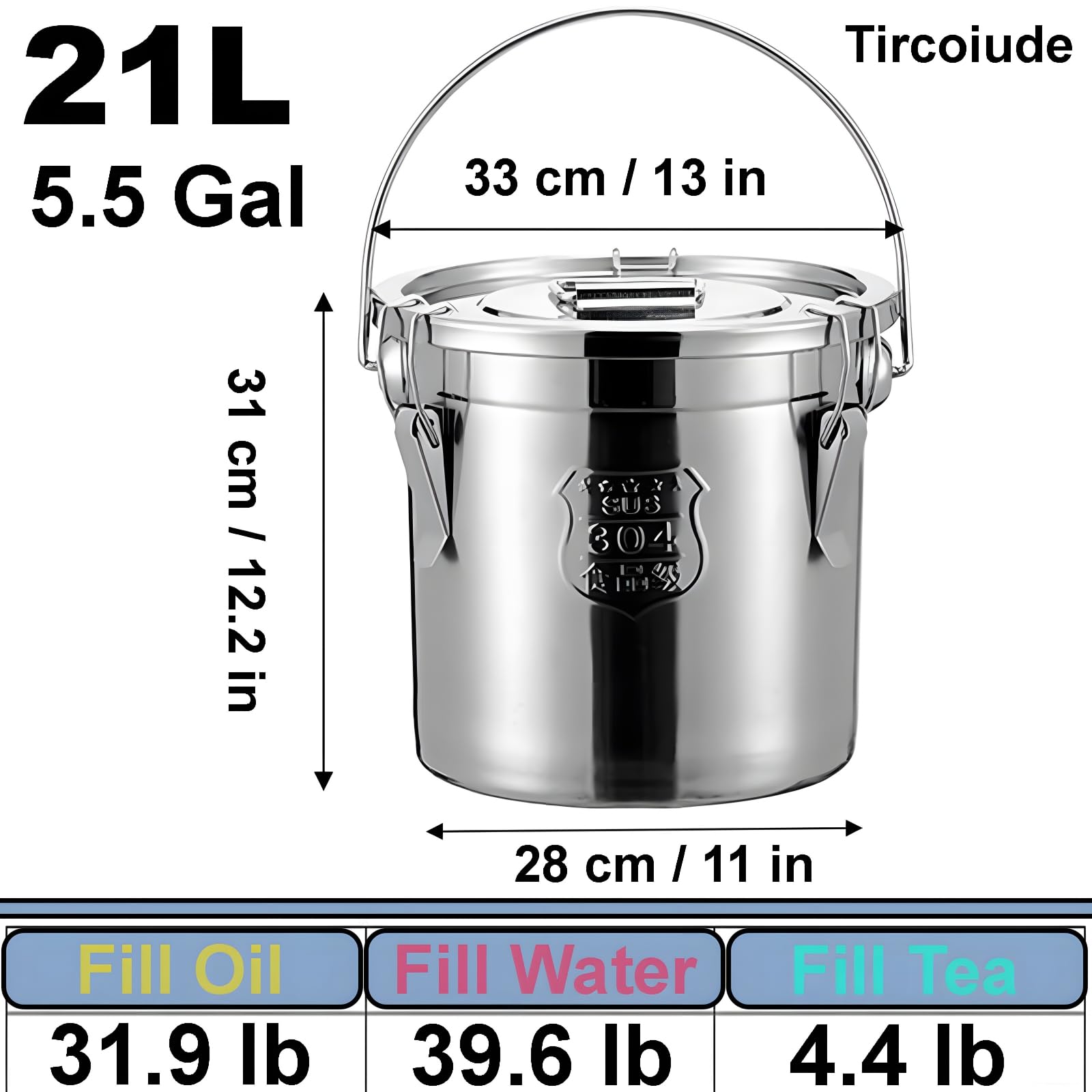 21L/5.5 Gal 304 Stainless Steel Containers with Lids 716 Oz Kitchen Airtight Canisters Stainless Steel Bucket Metal Food Storage Rice Containers Flour Storage Airtight Container