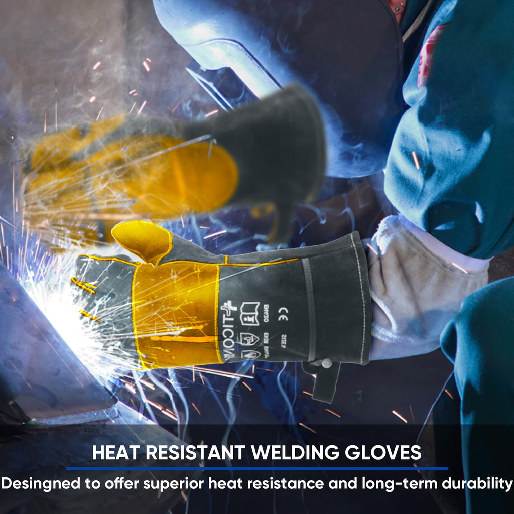 TICONN 16 Inch Welding Gloves, 1000°F Heat-Resistant Fireproof Leather Gloves for Welders, Stick, Forge, Mig, Tig, BBQ, Baking, Oven (Grey/Yellow, XXL)