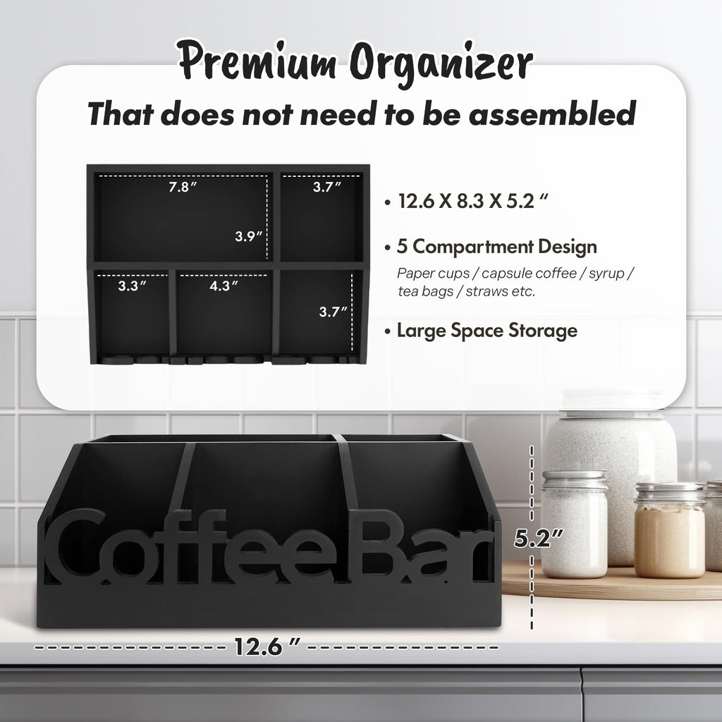Coffee Bar Organizer Countertop, Wood Tea & Coffee Pod Station Caddy, Black